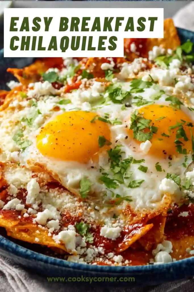 Mexican-style Easy Breakfast Chilaquiles made with crispy corn tortillas, enchilada sauce, eggs, and fresh toppings. This colorful breakfast recipe is perfect for brunch or weekend mornings.