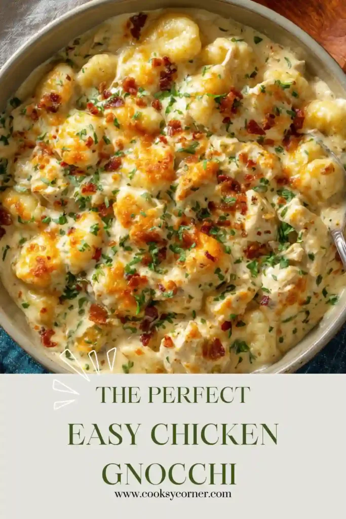 A serving of Creamy Crack Chicken Gnocchi topped with melted cheddar cheese, crispy turkey ham, and fresh parsley. The creamy sauce coats every piece of gnocchi and tender chicken.