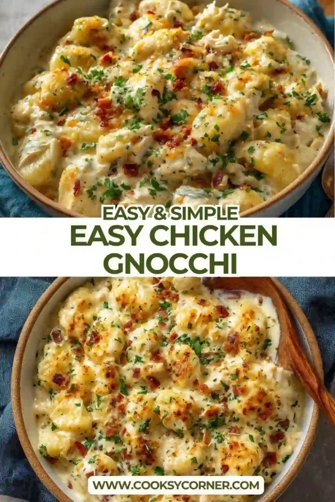 Close-up of creamy chicken gnocchi baked with cheddar cheese and garnished with herbs. This comforting dinner features soft gnocchi and juicy chicken in a rich sauce.
