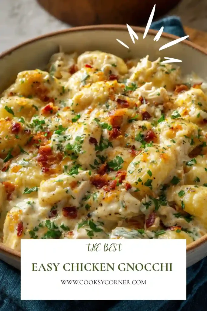 Homemade Creamy Crack Chicken Gnocchi served in a baking dish with golden melted cheese and crispy turkey ham. A hearty and satisfying family meal.