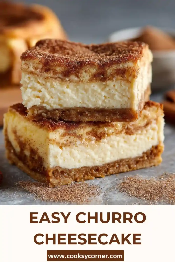 Close-up of homemade Churro Cheesecake bars featuring rich cheesecake filling and crispy cinnamon sugar crust. A simple dessert recipe perfect for parties and holidays.