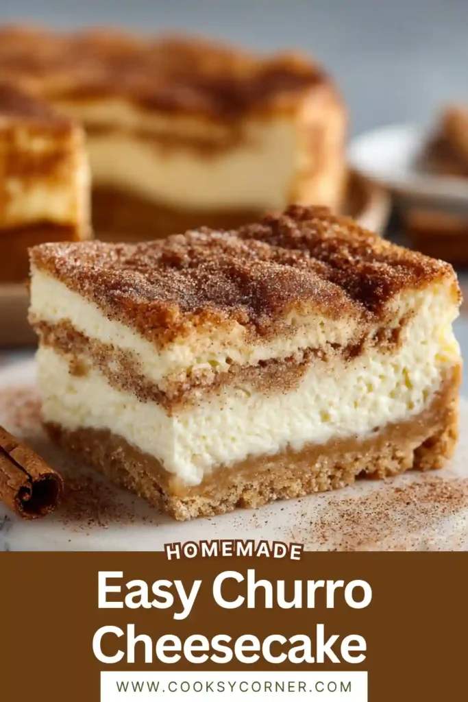 Easy Churro Cheesecake dessert bars with buttery crescent dough and sweet cinnamon sugar topping. This creamy cheesecake recipe is chilled and ready to serve.