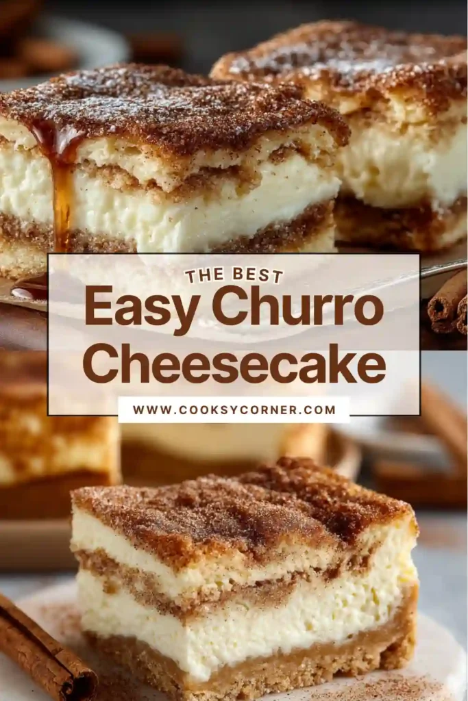 Freshly baked Churro Cheesecake bars topped with cinnamon sugar and sliced into squares. The creamy cheesecake filling is layered between flaky golden crescent pastry.