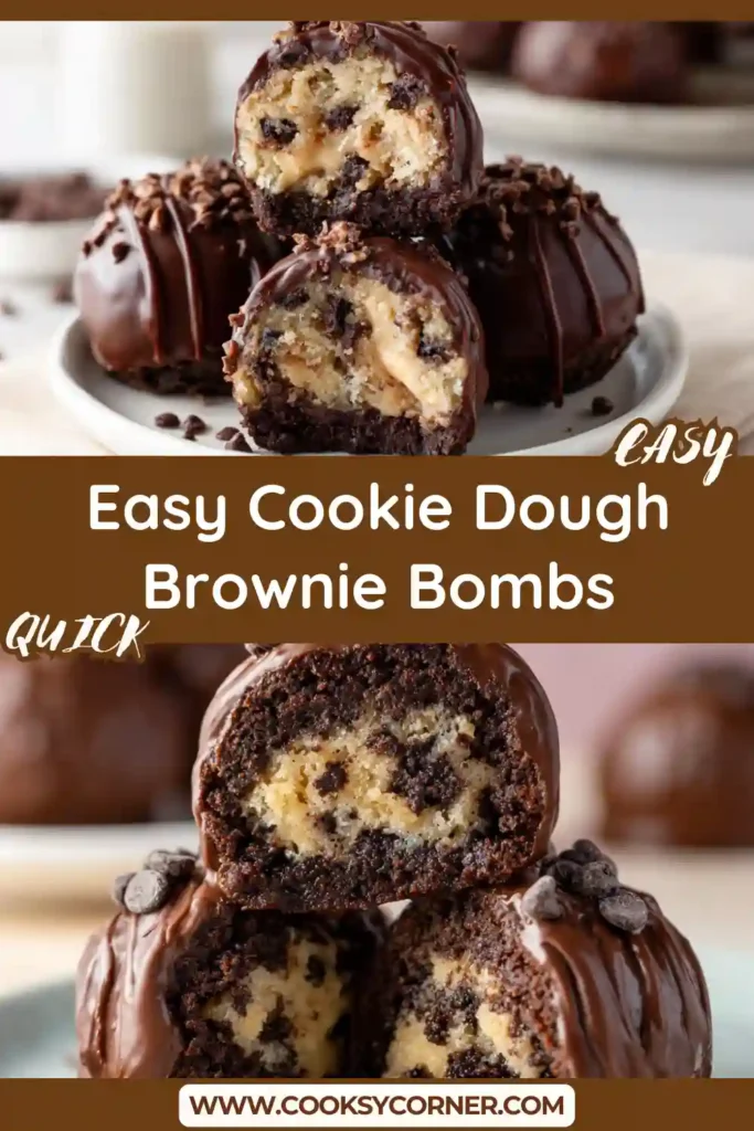 Chocolate-covered Cookie Dough Brownie Bombs with soft brownie layers and creamy cookie dough filling. A decadent homemade dessert recipe for chocolate lovers.