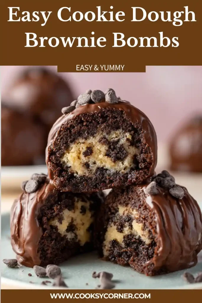 Homemade Cookie Dough Brownie Bombs coated in glossy chocolate and filled with fudgy brownie and edible cookie dough centers. These rich bite-sized chocolate desserts are perfect for parties and dessert platters.