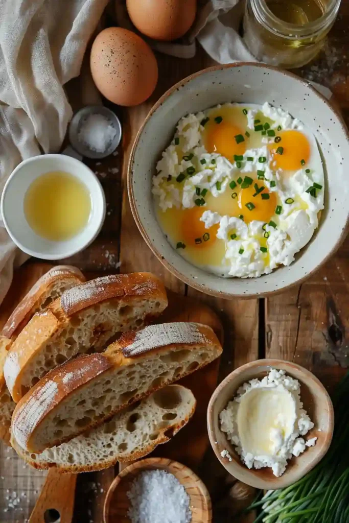 Soft scrambled eggs and creamy ricotta piled onto crispy sourdough toast for a simple gourmet breakfast recipe. Fresh chives add color and flavor to this satisfying dish.