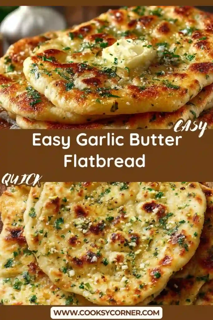 Easy garlic butter flatbread cooked in a skillet until golden brown and brushed with garlic herb butter. This no yeast flatbread recipe is fluffy and flavorful.