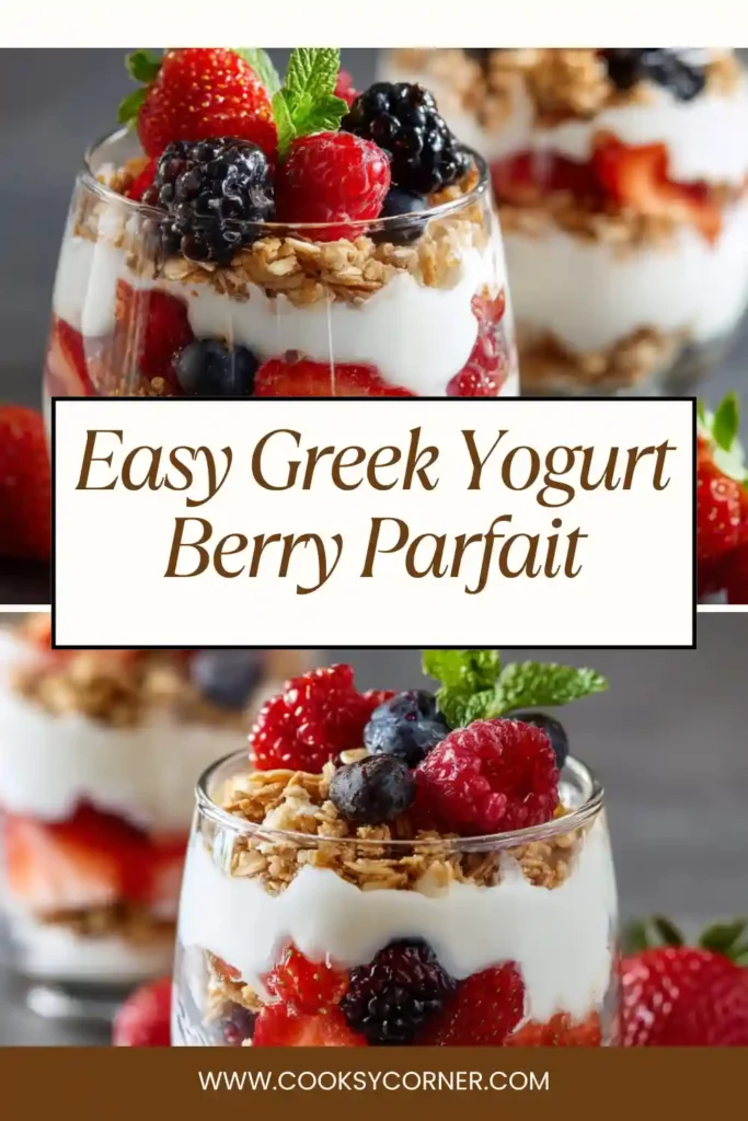 Close-up of a yogurt parfait showing layers of creamy Greek yogurt, colorful berries, and golden granola.