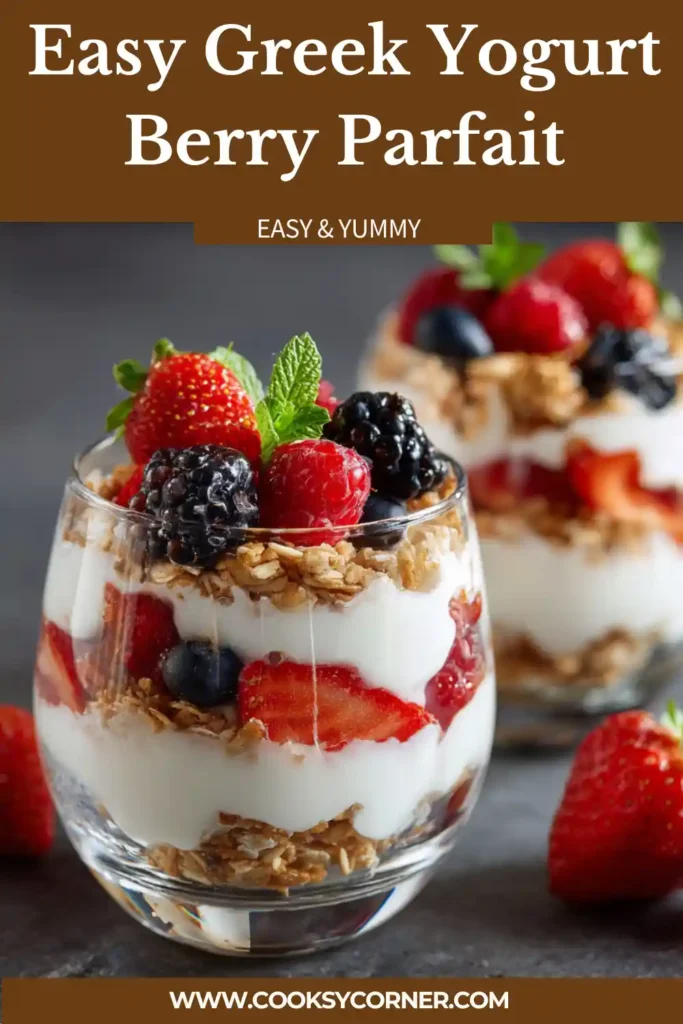 Healthy Greek Yogurt Berry Parfait topped with crunchy granola and fresh mixed berries. Perfect for breakfast or a light dessert.
