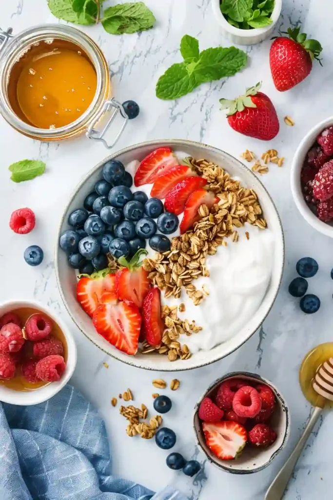Fresh and healthy Greek Yogurt Berry Parfait served in a glass with mint garnish and natural lighting.