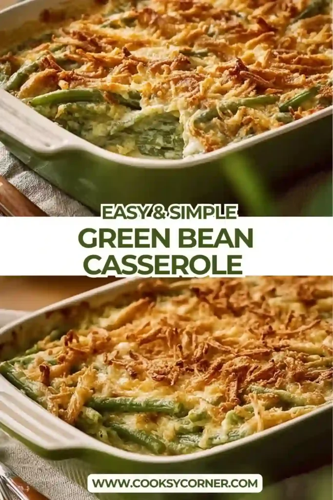 Classic green bean casserole topped with crispy onions and melted cheddar cheese fresh from the oven. This easy holiday casserole recipe features creamy mushroom sauce and perfectly cooked green beans.
