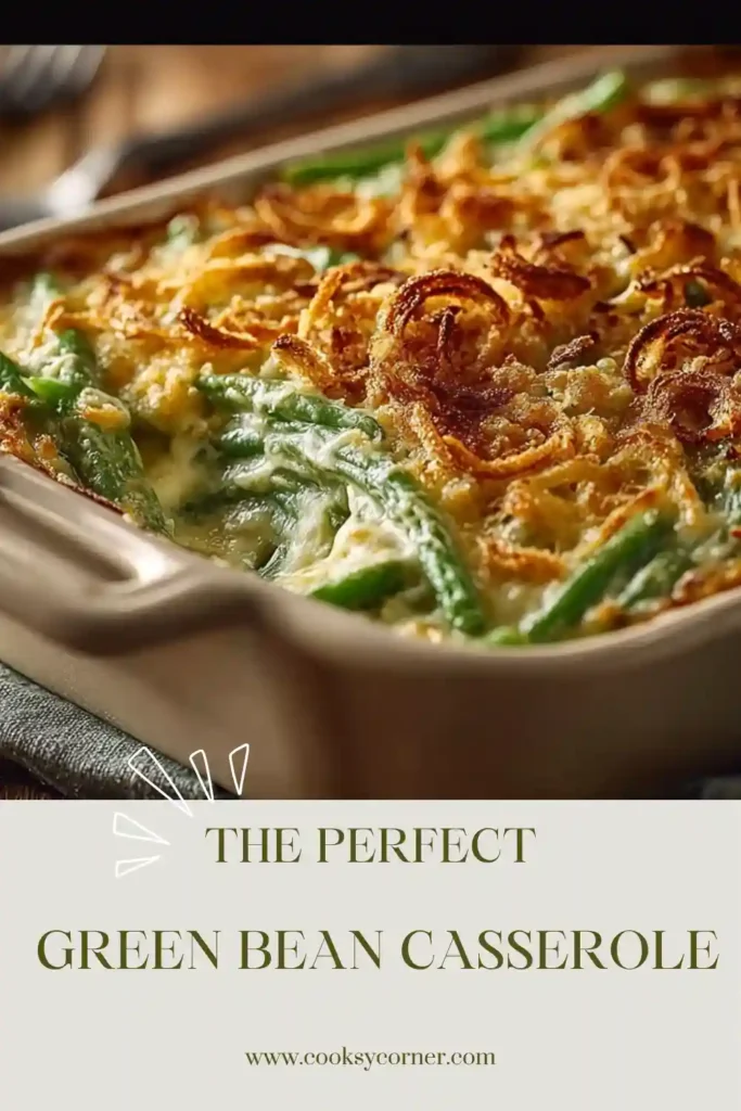 Homemade Easy Green Bean Casserole Recipe served warm with crunchy onion topping and creamy sauce. A traditional Thanksgiving side dish made with fresh green beans and rich flavors.