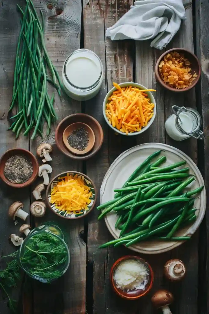 Freshly baked green bean casserole with creamy mushroom soup, cheddar cheese, and crispy onions. This easy casserole recipe is perfect for holiday dinners and family gatherings.