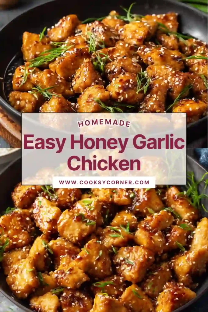 Golden brown chicken cubes glazed in honey garlic sauce in a pan, showing a juicy texture and caramelized edges.