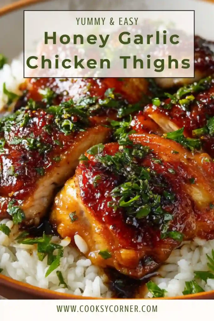 Close-up of honey garlic chicken thighs in a skillet with glossy sauce and fresh spring onions on top. Perfect easy dinner recipe.