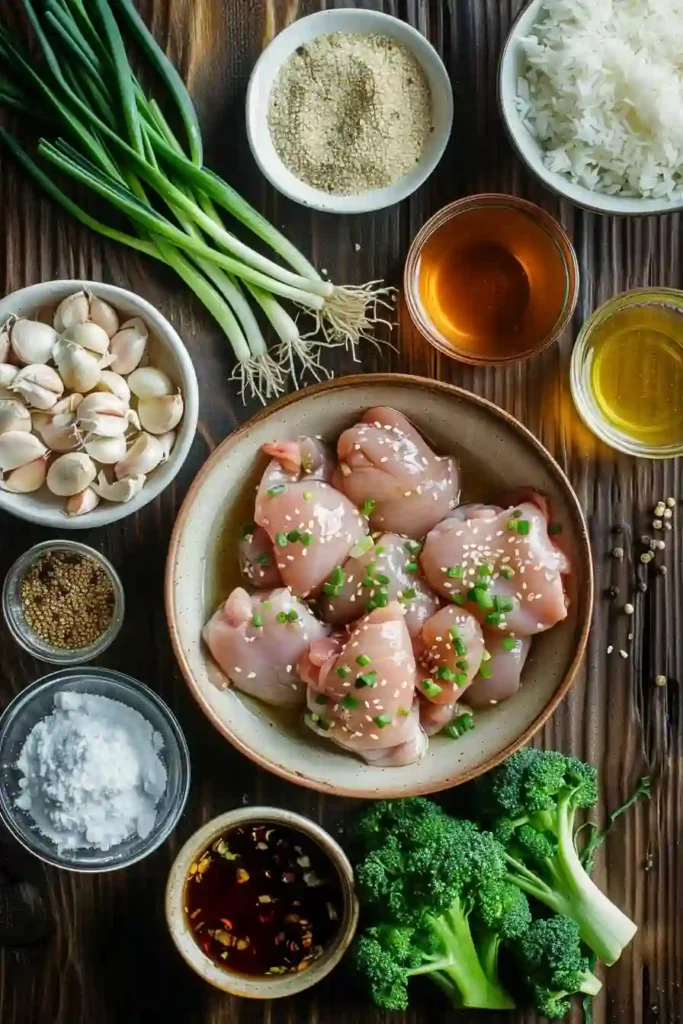 Juicy honey garlic chicken thighs glazed in a sticky sauce served over steamed rice with greens. The chicken is caramelized and golden brown.