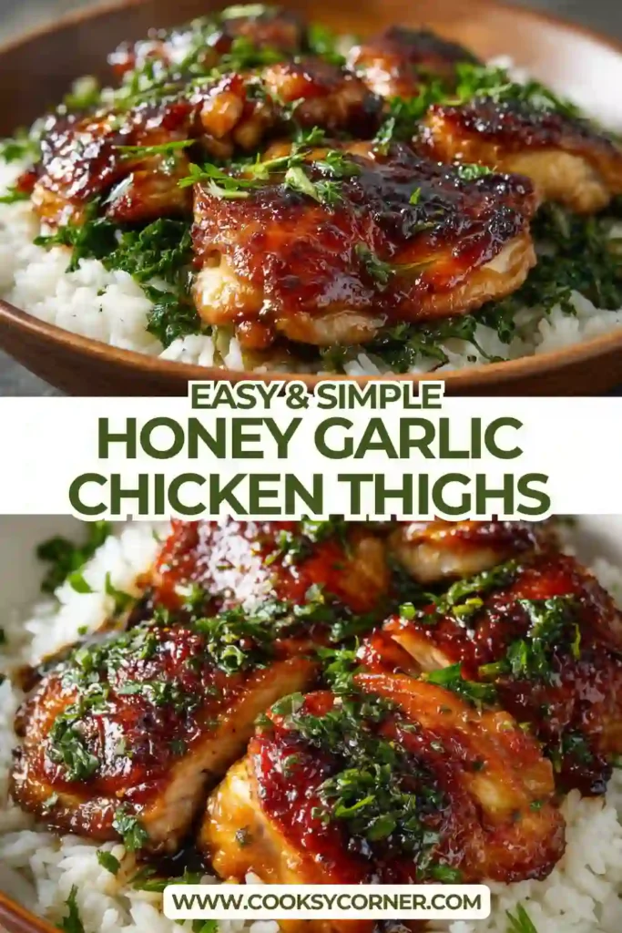 Sweet and savory honey garlic chicken thighs plated with rice and Chinese broccoli. The sauce looks thick and rich.