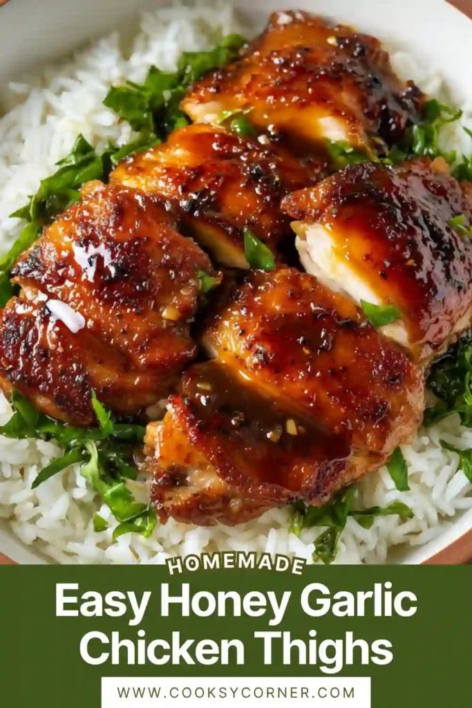 Crispy chicken thighs coated in honey garlic sauce served in a bowl with rice and vegetables for a complete meal.