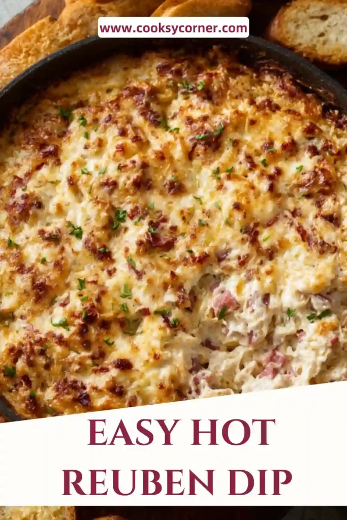 A serving of Hot Reuben Dip scooped with bread, highlighting its creamy consistency and rich filling.