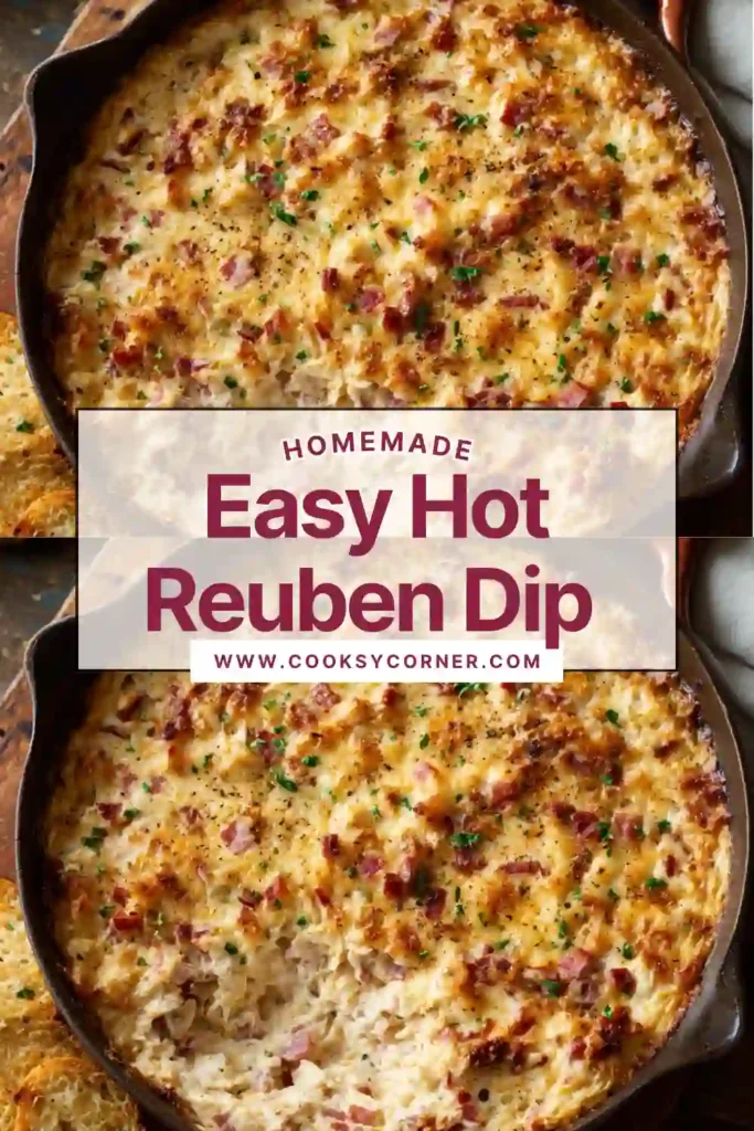 Close-up of Hot Reuben Dip showing layers of cheese, pastrami, and sauerkraut. Warm and bubbly straight from the oven.