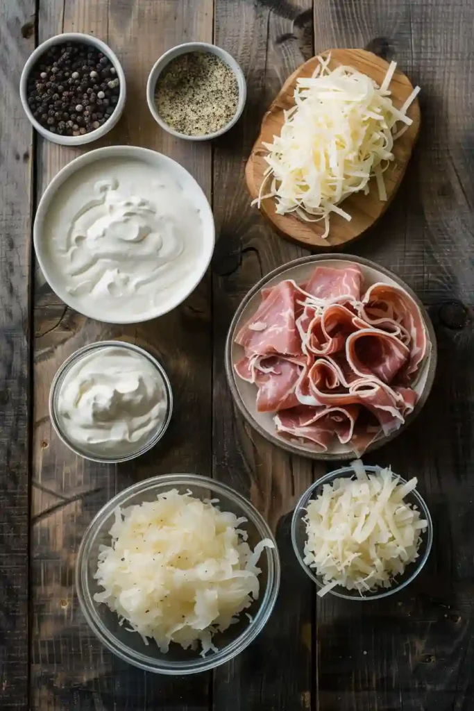 Overhead shot of Hot Reuben Dip in a baking dish with melted cheese and browned edges. Perfect party appetizer presentation.
