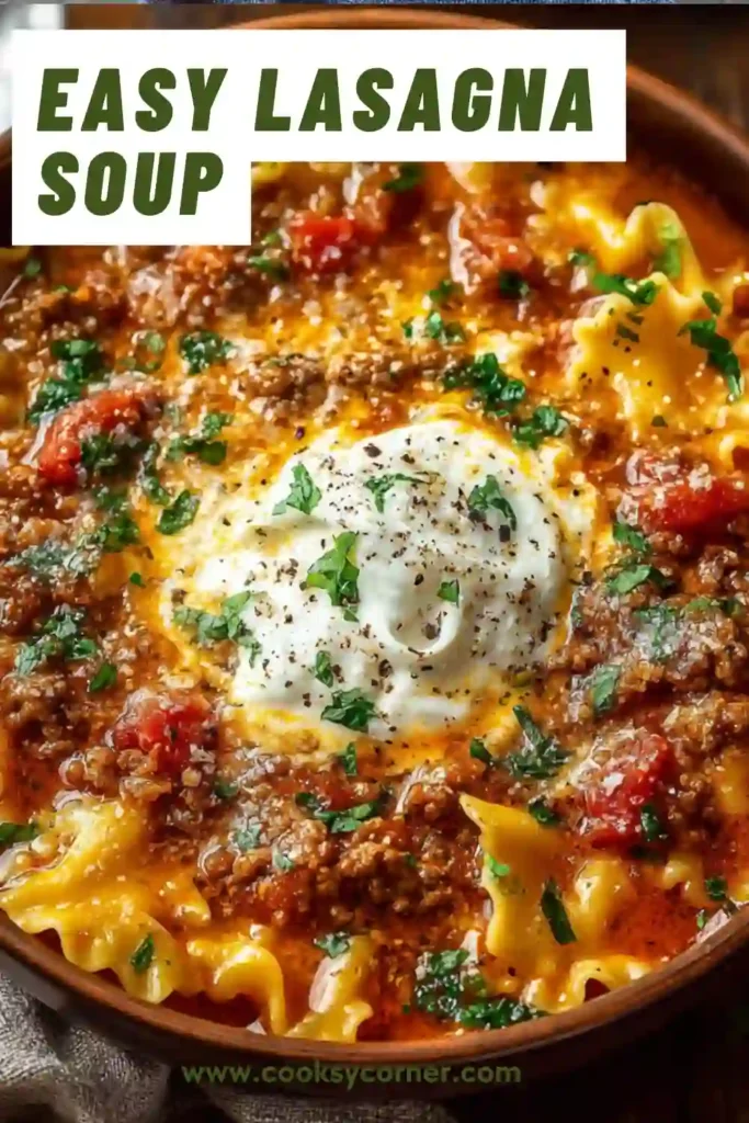 A bowl of easy lasagna soup topped with ricotta, mozzarella, Parmesan cheese, and fresh parsley. This hearty Italian-inspired soup features pasta, rich tomato broth, and seasoned ground beef.
