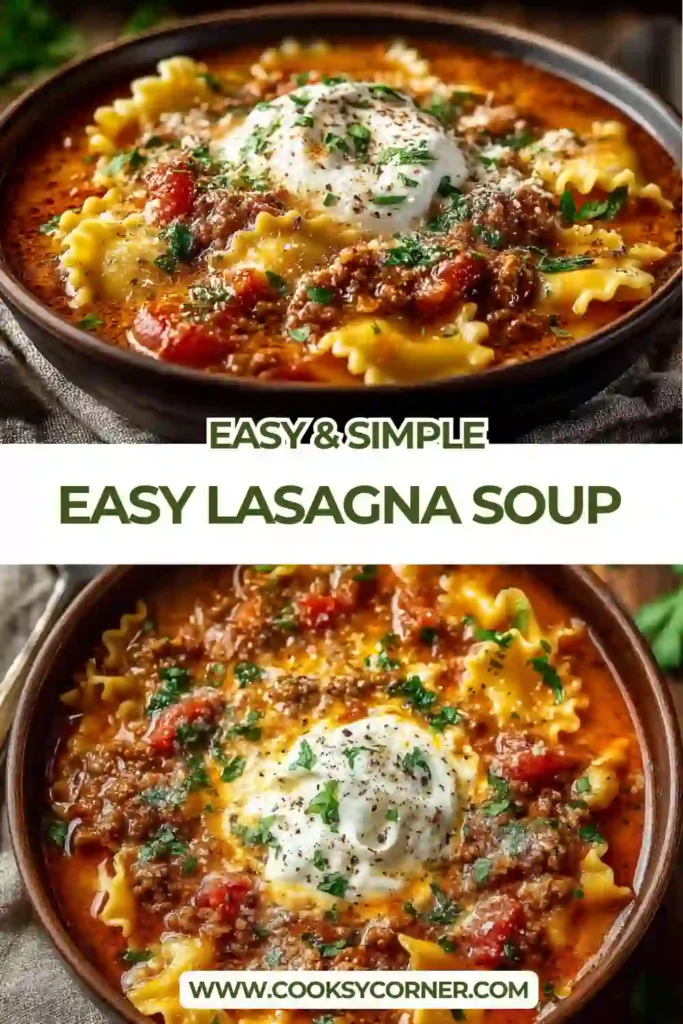 Comforting lasagna soup served with melted mozzarella and fresh herbs in a rustic bowl. The soup is filled with pasta, tomato sauce, and savory beef for a cozy family dinner.