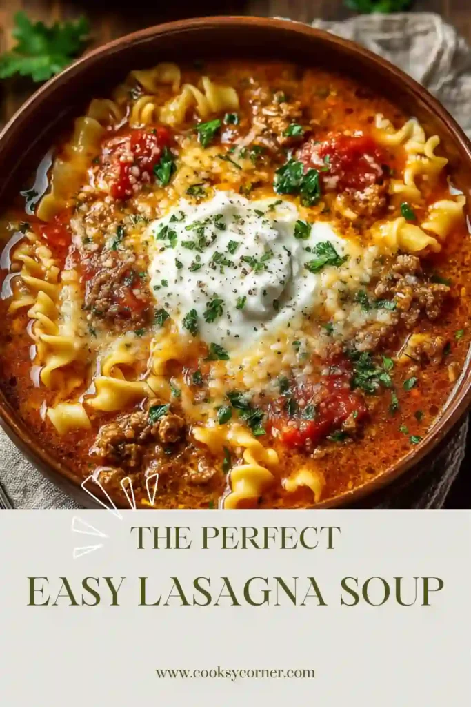 Easy lasagna soup recipe with bowtie pasta, seasoned beef, tomato broth, and creamy ricotta cheese. A warm and hearty one-pot Italian soup perfect for weeknight meals.