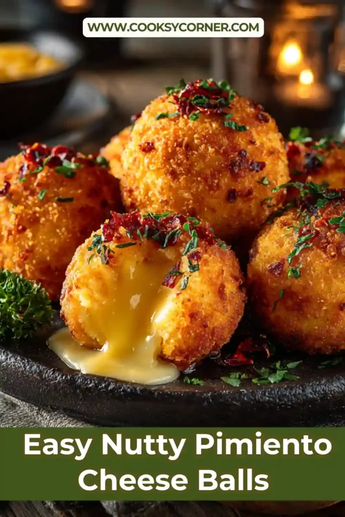 Homemade nutty pimiento cheese balls arranged neatly, highlighting their golden pecan crust.