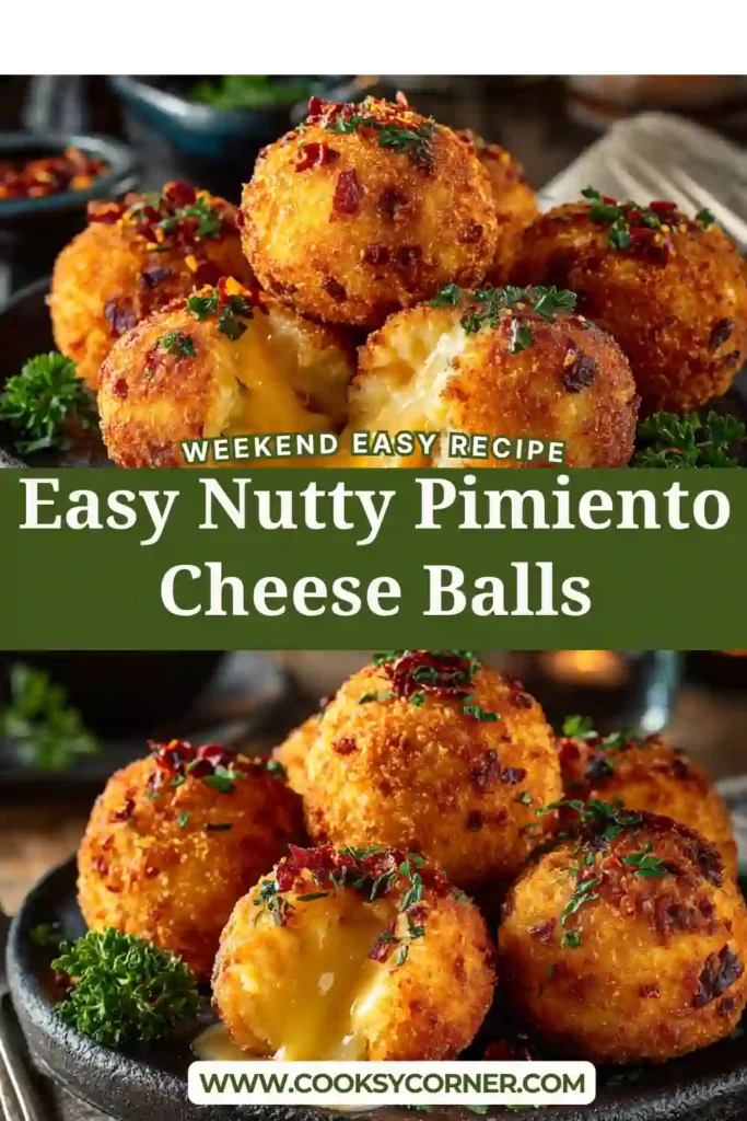 Close-up of pimiento cheese balls with cheddar and pecans, perfect as a party appetizer.