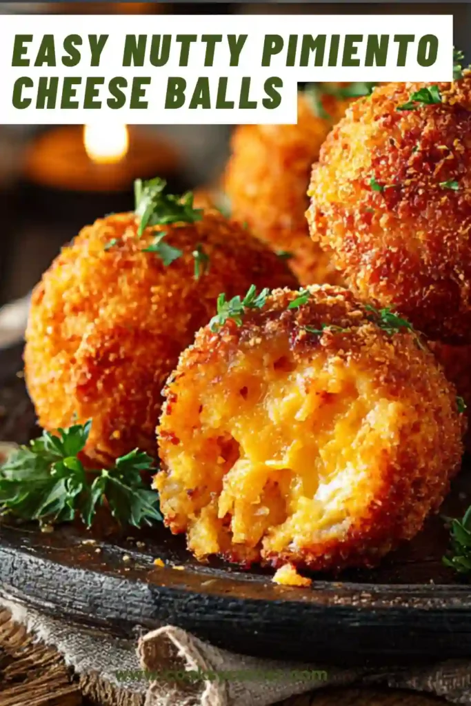 Nutty pimiento cheese balls coated in finely chopped pecans served on a platter, showing creamy texture and crunchy coating.
