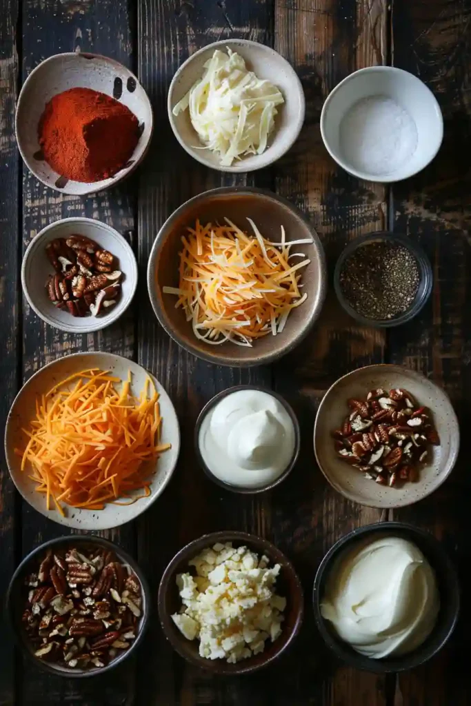Bite-sized cheese balls made with pimientos and cheddar, coated in toasted pecans and ready to serve.