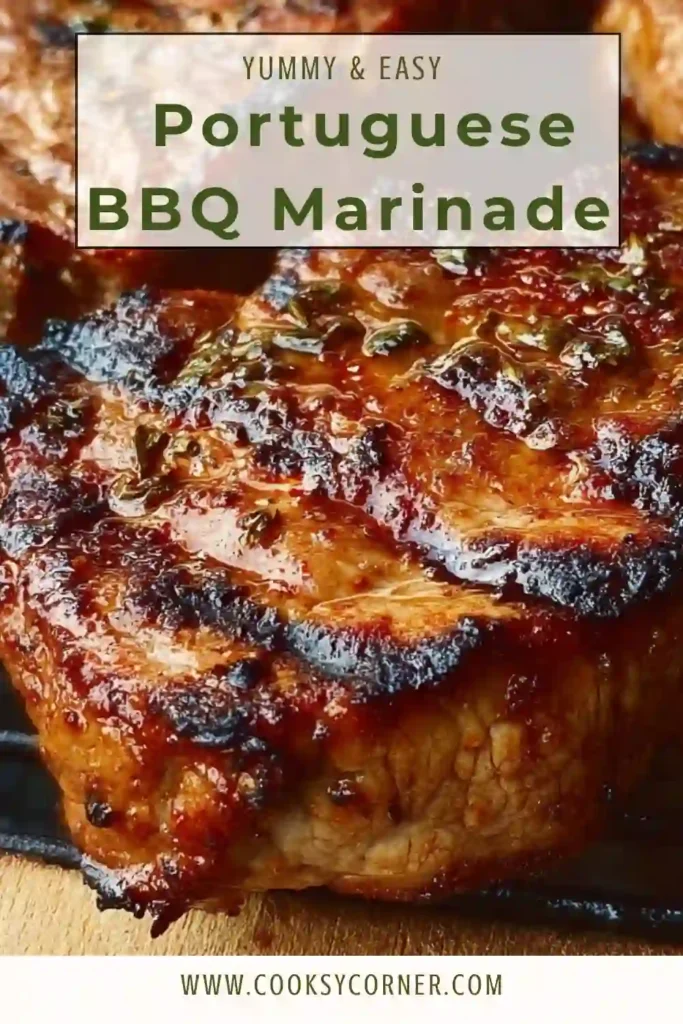 A close-up of grilled meat coated in Portuguese BBQ marinade with visible herbs and spices, showing a juicy and flavorful texture.