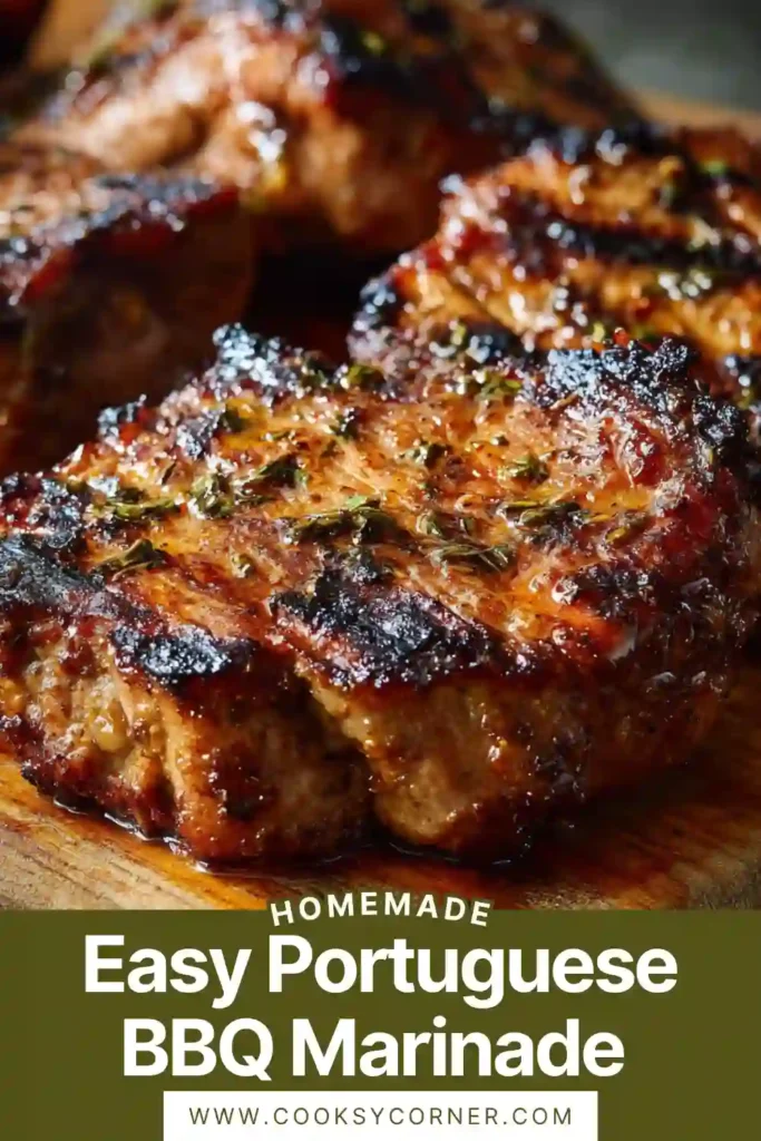 A bowl of Portuguese BBQ marinade alongside raw meat ready for grilling, highlighting fresh ingredients and rich color.