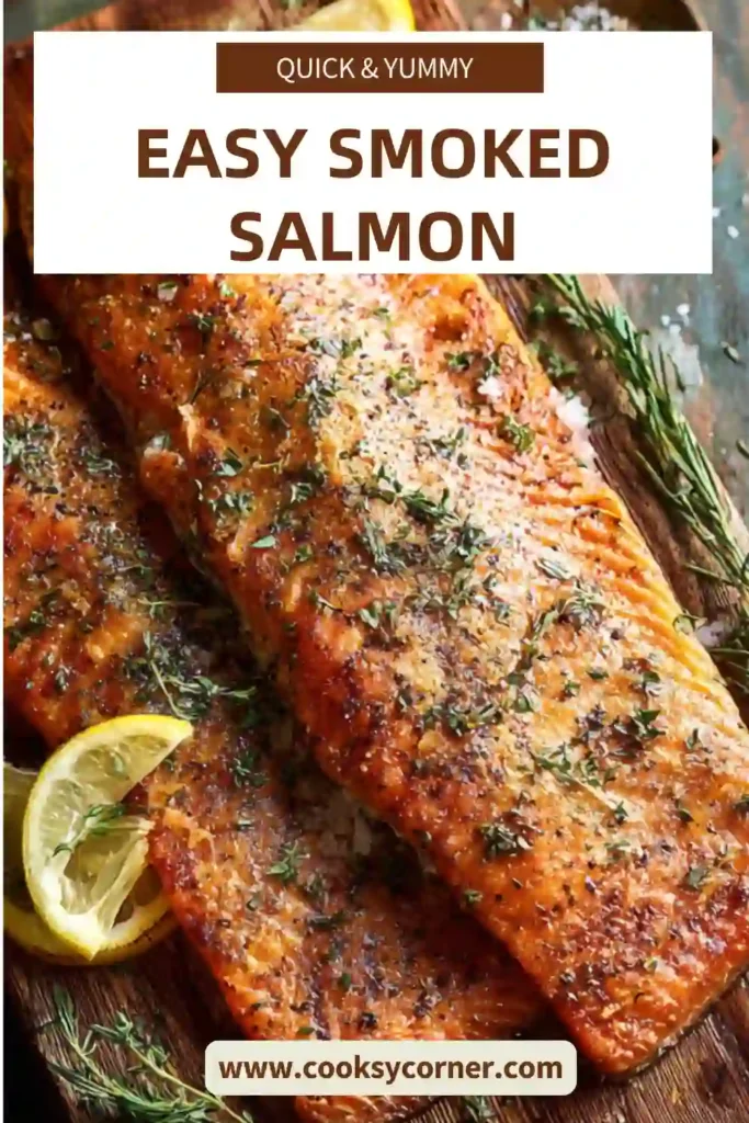 Perfectly smoked salmon fillet resting on a platter with fresh lemon wedges. The salmon has a rich smoky color and flaky texture from slow smoking.
