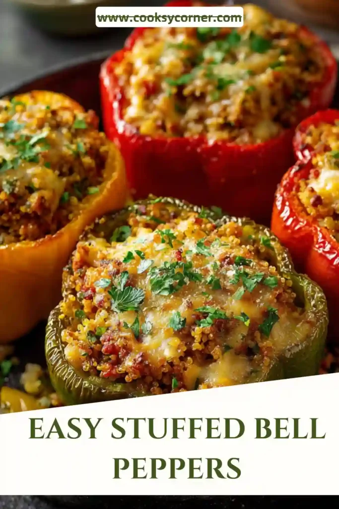 Easy Stuffed Bell Peppers baked with rice, vegetables, tomato sauce, and Parmesan cheese in a casserole dish. The peppers are colorful, tender, and topped with crispy breadcrumbs.