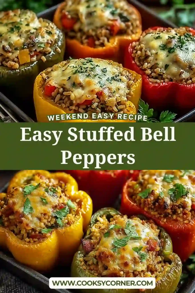 Vegetarian stuffed bell peppers filled with seasoned rice, zucchini, carrots, and melted cheese. A healthy oven-baked dinner recipe served warm.