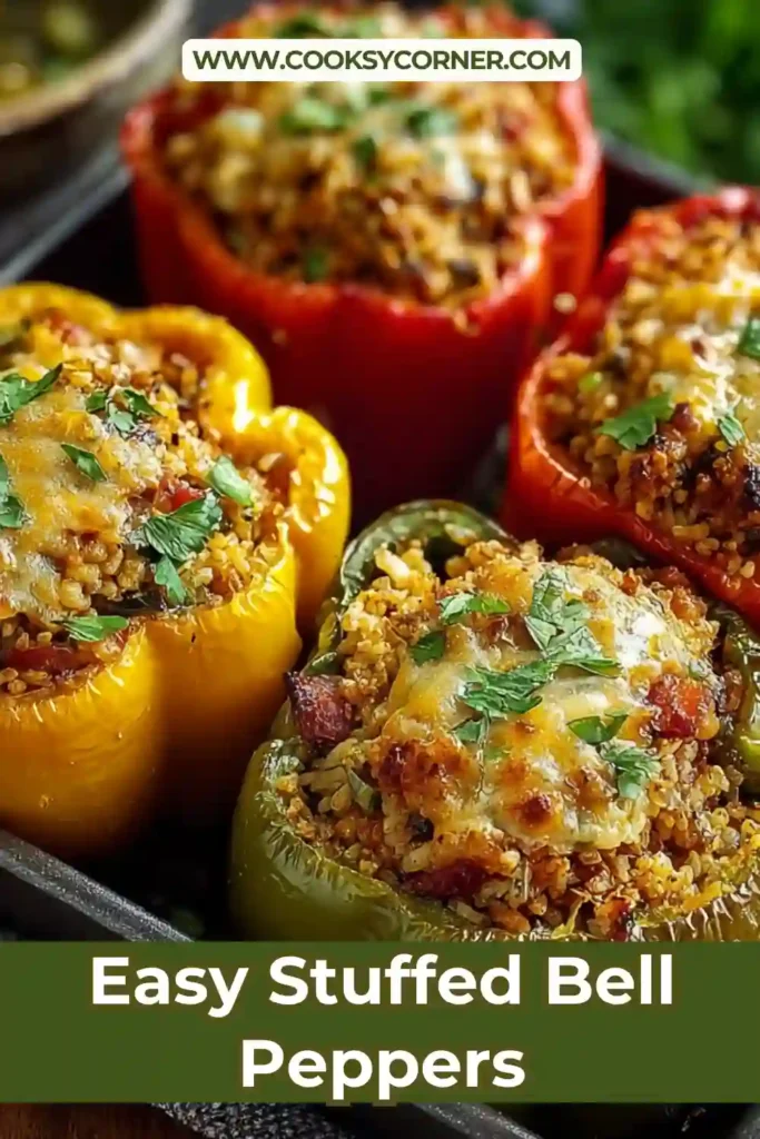 Close-up view of homemade Easy Stuffed Bell Peppers with savory rice filling and golden breadcrumb topping. The baked peppers look fresh, hearty, and comforting.