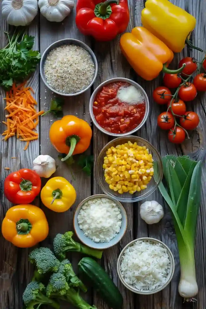 Freshly baked stuffed bell peppers arranged in a baking dish with tomato rice filling and Parmesan cheese. A colorful and family-friendly vegetarian meal.