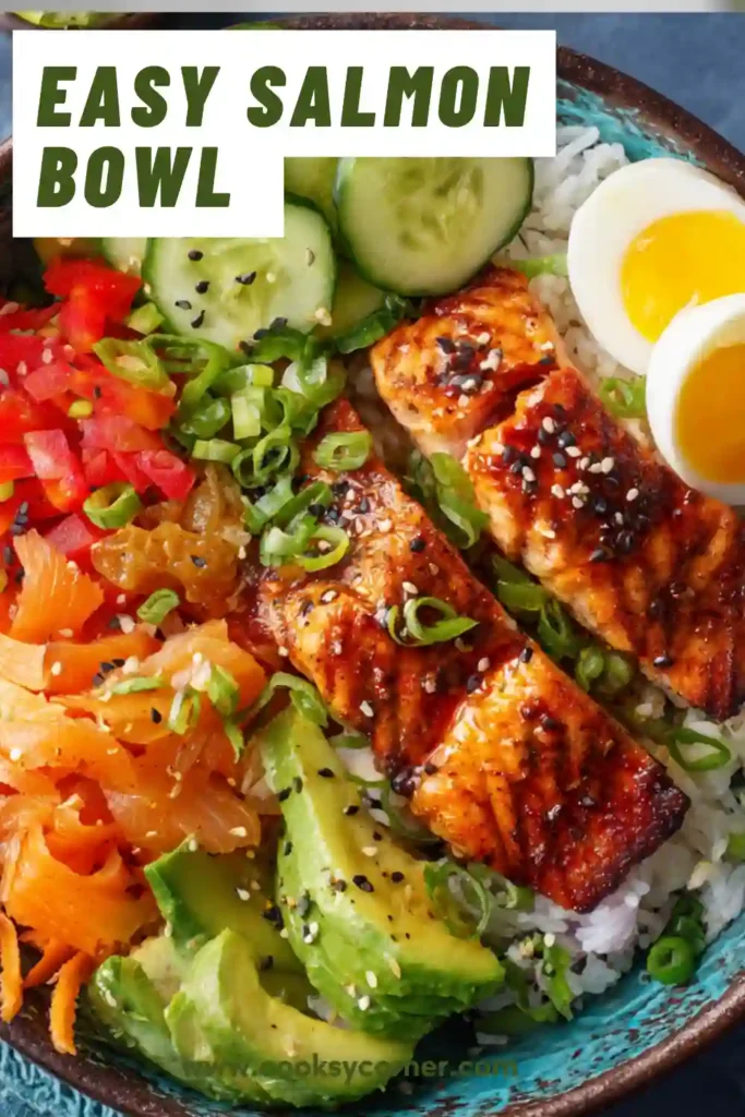 Asian-inspired Salmon Bowl served with rice, cucumber, shredded carrots, avocado, and edamame beans. This healthy salmon bowl recipe is vibrant and full of flavor.