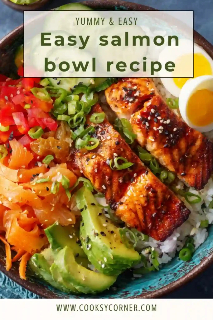 Close-up of an easy Salmon Bowl recipe topped with glazed salmon cubes, sesame seeds, avocado, and fresh vegetables over fluffy rice. A delicious high-protein dinner idea.