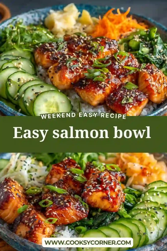 A healthy Salmon Bowl with marinated salmon, white rice, avocado, cucumber, carrots, and edamame arranged in a serving bowl. This colorful salmon rice bowl is fresh, nutritious, and perfect for lunch or dinner.