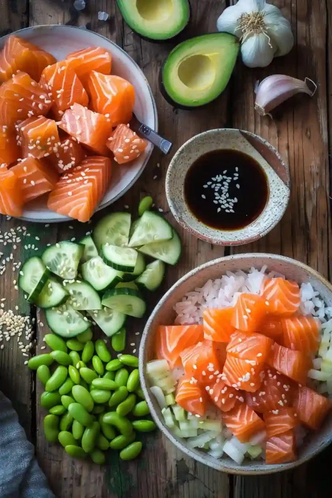 Air fryer Salmon Bowl with crispy salmon bites, creamy avocado, fresh cucumber, and edamame over rice. A quick and easy weeknight meal packed with protein.