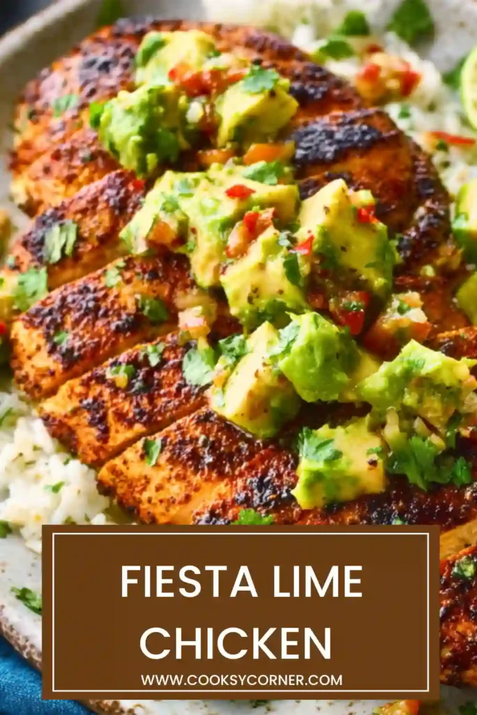 Close-up of Fiesta Lime Chicken with avocado salsa, corn, tomatoes, and cilantro. The chicken is seasoned with smoky spices and cooked until tender and juicy.
