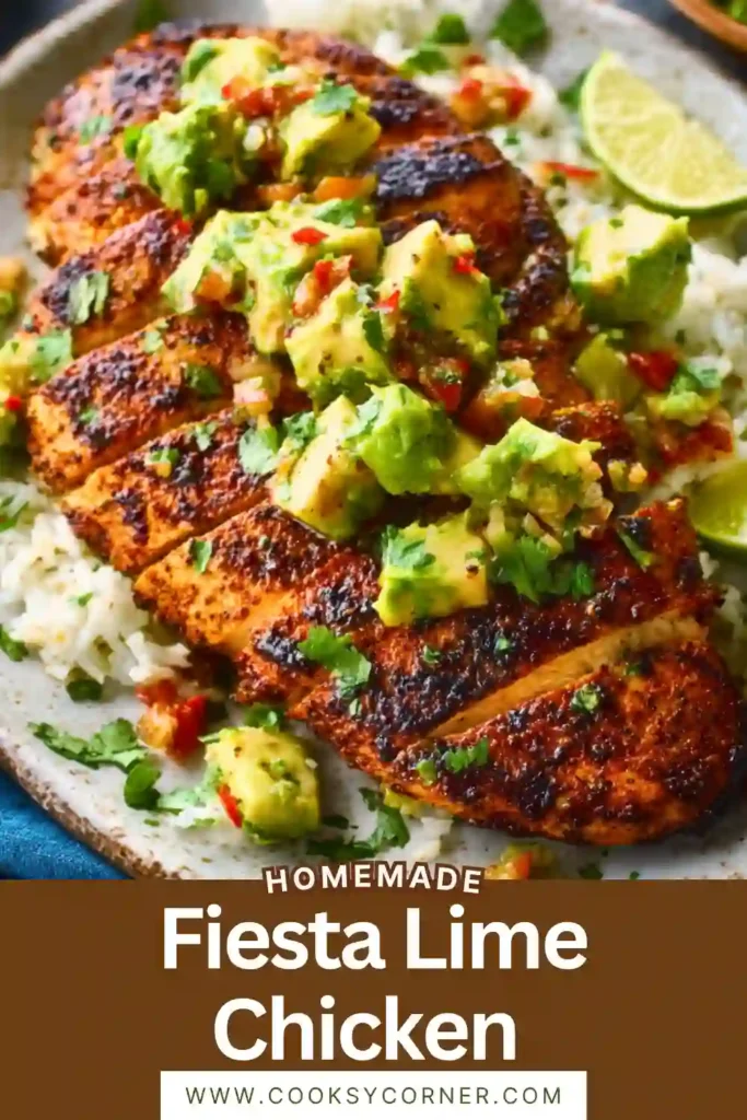 A plate of Fiesta Lime Chicken topped with fresh avocado salsa, cherry tomatoes, and cilantro. The grilled chicken is juicy, smoky, and garnished with vibrant Tex-Mex ingredients.