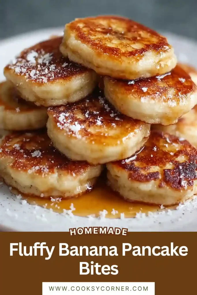 Freshly cooked fluffy banana pancake bites stacked on a plate with berries and syrup. This easy banana pancake recipe creates tender and airy pancake bites.