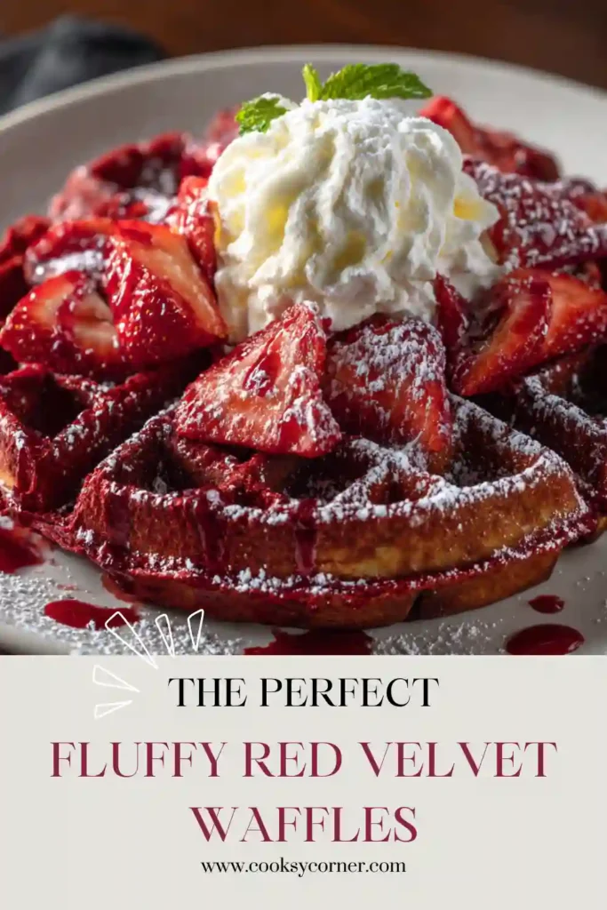 Freshly made Red Velvet Waffles topped with cream cheese drizzle and powdered sugar on a white breakfast plate. These fluffy waffles are perfect for romantic brunches and festive breakfast gatherings.