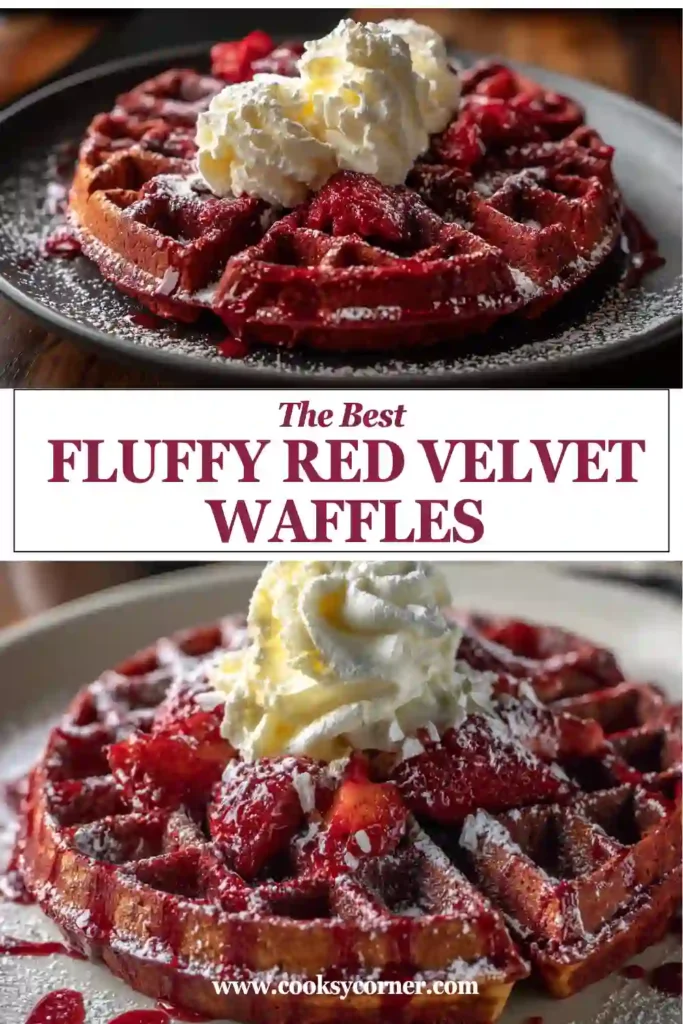 Homemade Red Velvet Waffles with crisp edges and creamy topping served with fresh berries. This rich cocoa waffle recipe is ideal for special breakfast occasions.