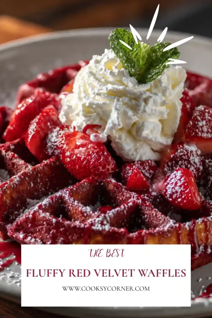 Stack of fluffy Red Velvet Waffles drizzled with sweet cream cheese icing and served warm. A delicious brunch recipe with soft texture and vibrant color.