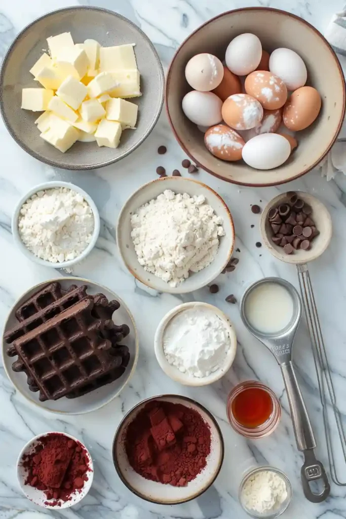 Golden Red Velvet Waffles topped with cream cheese glaze and strawberries for a cozy breakfast spread. Perfect for Valentine’s Day brunch and weekend mornings.